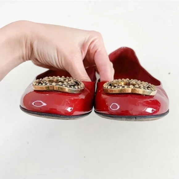🎁❤️Gucci Red GG Logo Ballet Flats EU 37.5 US 7.5 Studded Patent Interlocking GG - Picture 1 of 8